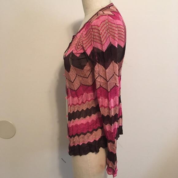 Cache Pink-Fuchsia-Rose Gold-Brown Metallic Chevron Print Cardigan Sweater XS - Picture 5 of 7